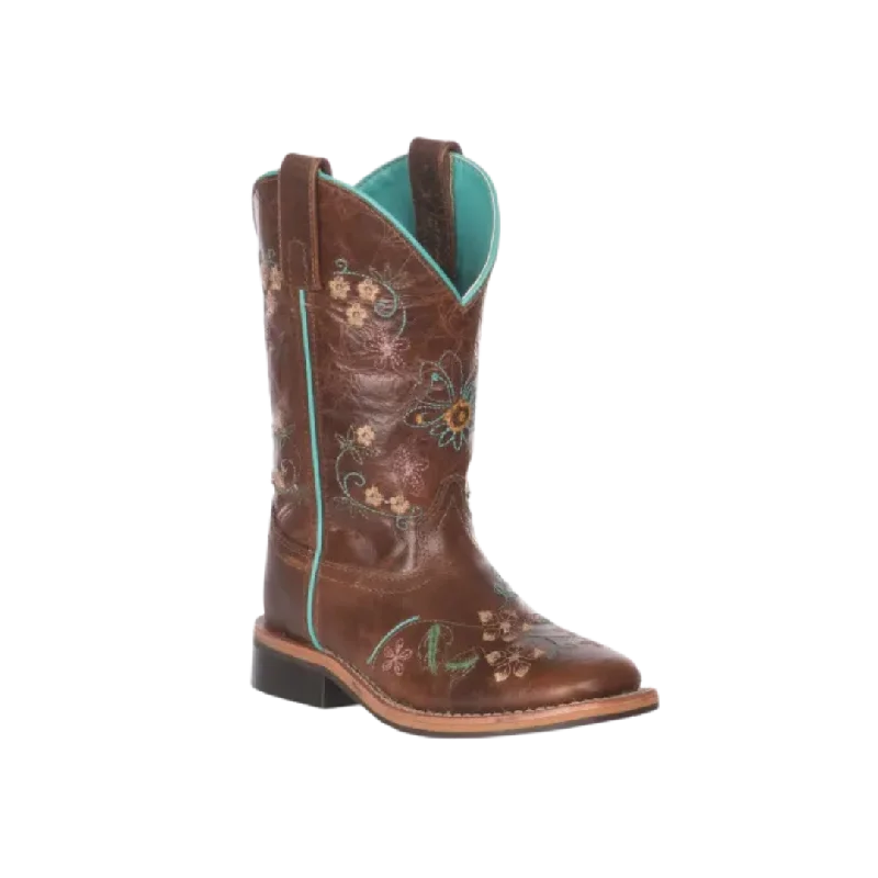 Smoky Mountain Kids Antique Tan with Floral Embroidery Leather Square Toe Boots