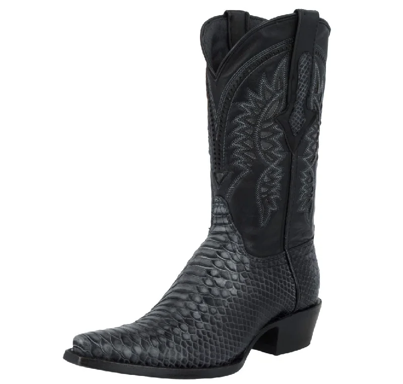 Mens Black Gray Snake Print Leather Cowboy Boots - Snip Toe