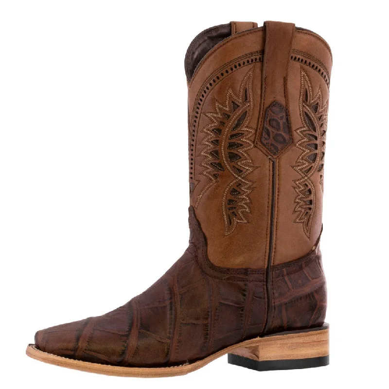 Mens Brown Western Wear Leather Cowboy Boots Elephant Print Square Toe