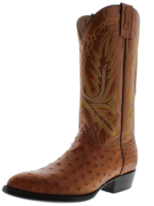 Mens Cognac Cowboy Boots Ostrich Quill Skin - J Toe