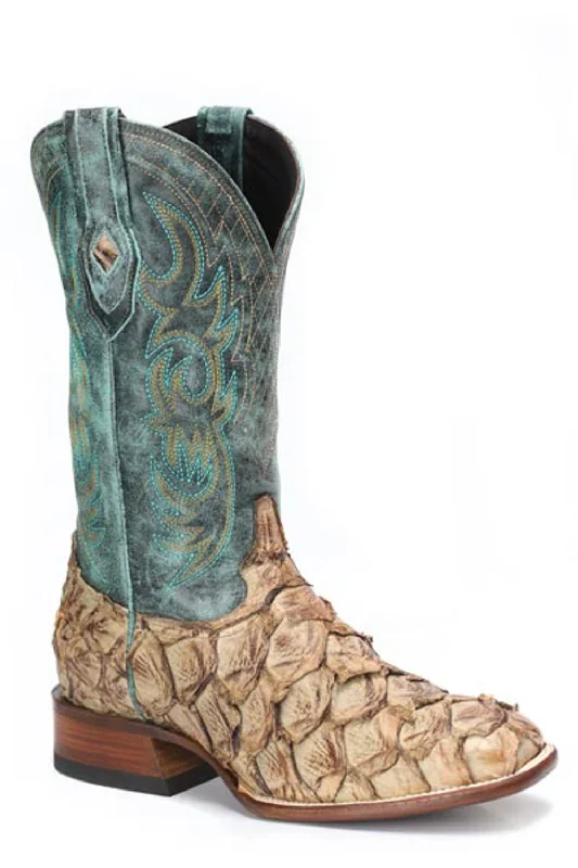 Stetson Mens Amazon Blue/Tan Pirarucu 13in Cowboy Boots